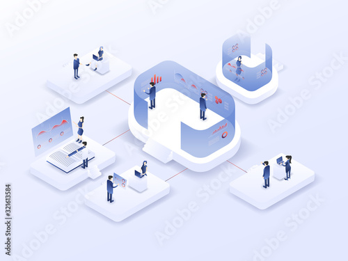 People are team working to analyse the data using chart, graph, screen, and etc. in workspace. 3D isolated isometric vector illustration