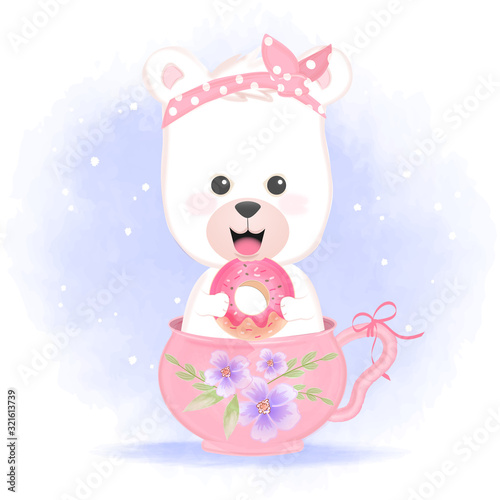 Cute bear holding donut in cup hand drawn cartoon animal illustration
