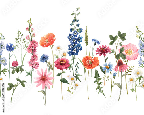 Beautiful floral summer seamless pattern with watercolor hand drawn field wild flowers. Stock illustration.