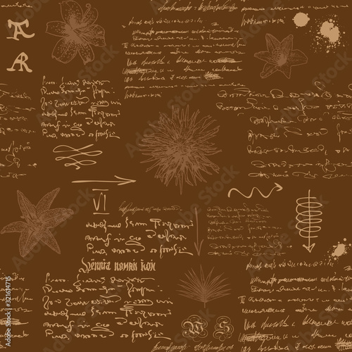  vector image of a seamless textural background in the style of notes from the diary of a botanist with sketches, formulas and notes