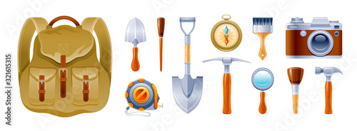 Cartoon set. Archeology, geology, climb, expedition icons. Realistic vintage equipment, instrument, tool backpack, photo camera, brush, pickaxe, shovel, compass. Vector illustration isolated on white