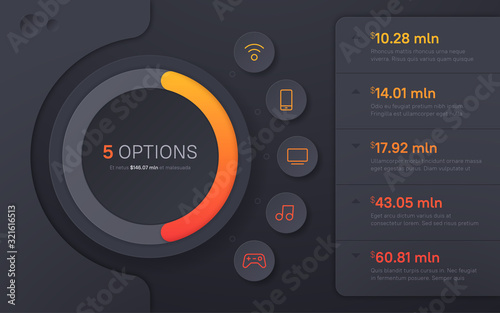 Dark hued presentation infographic template in a modern style. Five options