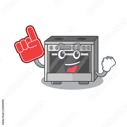 A picture of kitchen stove mascot cartoon design holding a Foam finger