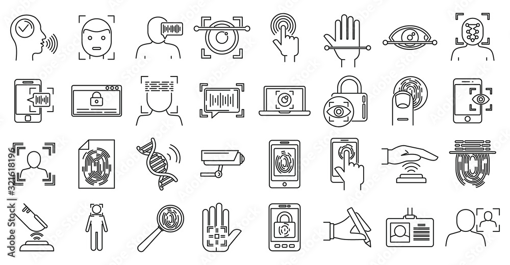 Modern biometric authentication icons set. Outline set of modern biometric authentication vector icons for web design isolated on white background