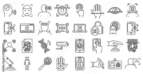 Modern biometric authentication icons set. Outline set of modern biometric authentication vector icons for web design isolated on white background