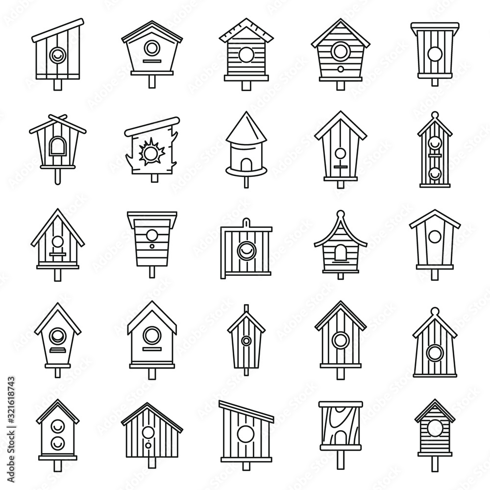 Spring bird house icons set. Outline set of spring bird house vector icons for web design isolated on white background