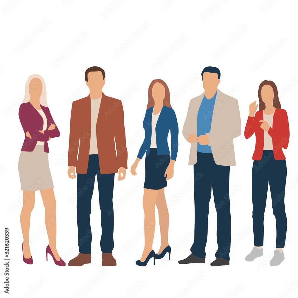 Obraz premium Silhouettes of men and women, different colors, cartoon character, group of standing business people, flat icon design concept isolated on white background