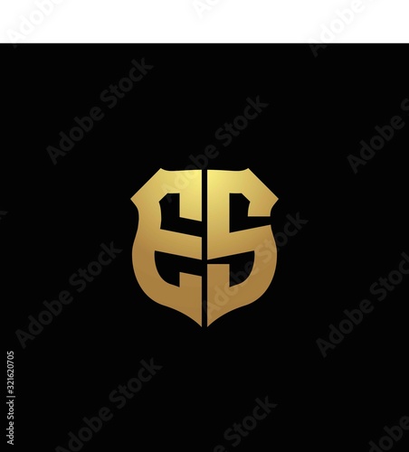 ES logo monogram with gold colors and shield shape design template