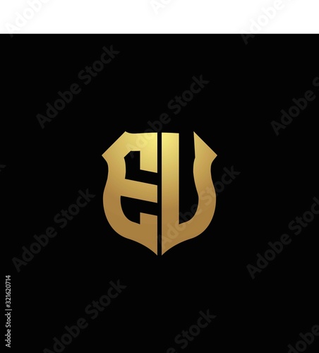 EU logo monogram with gold colors and shield shape design template