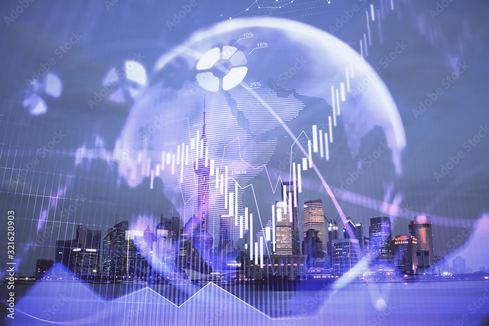 Forex chart on cityscape with tall buildings background multi exposure. Financial research concept.