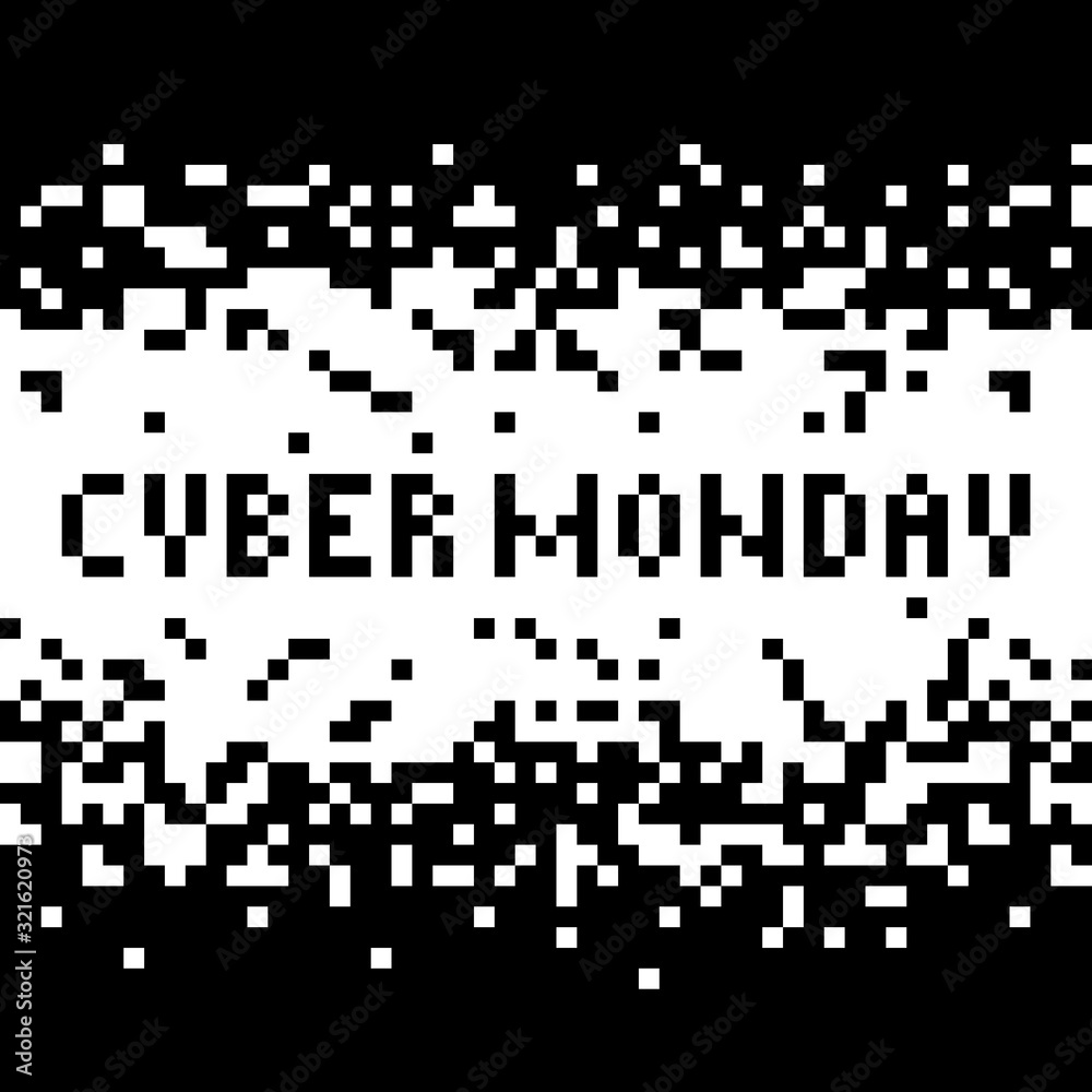 Cyber Monday sale background. Black and white pixel illustration. Retro computer design.