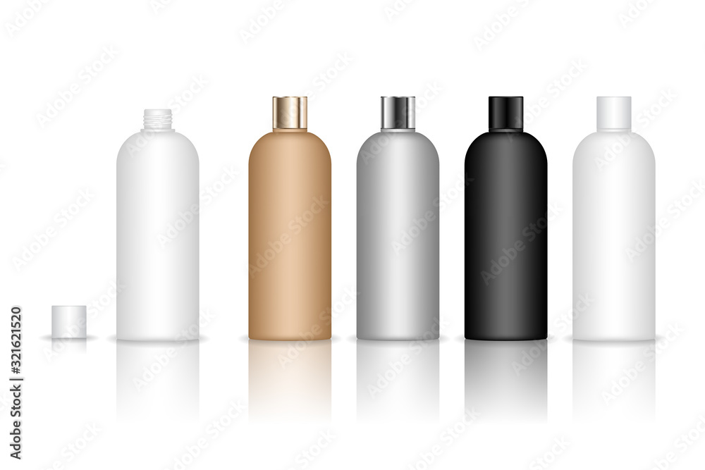 Cosmetic plastic bottle. Liquid container for gel, lotion, cream, shampoo, bath foam. Beauty product package. Vector illustration.