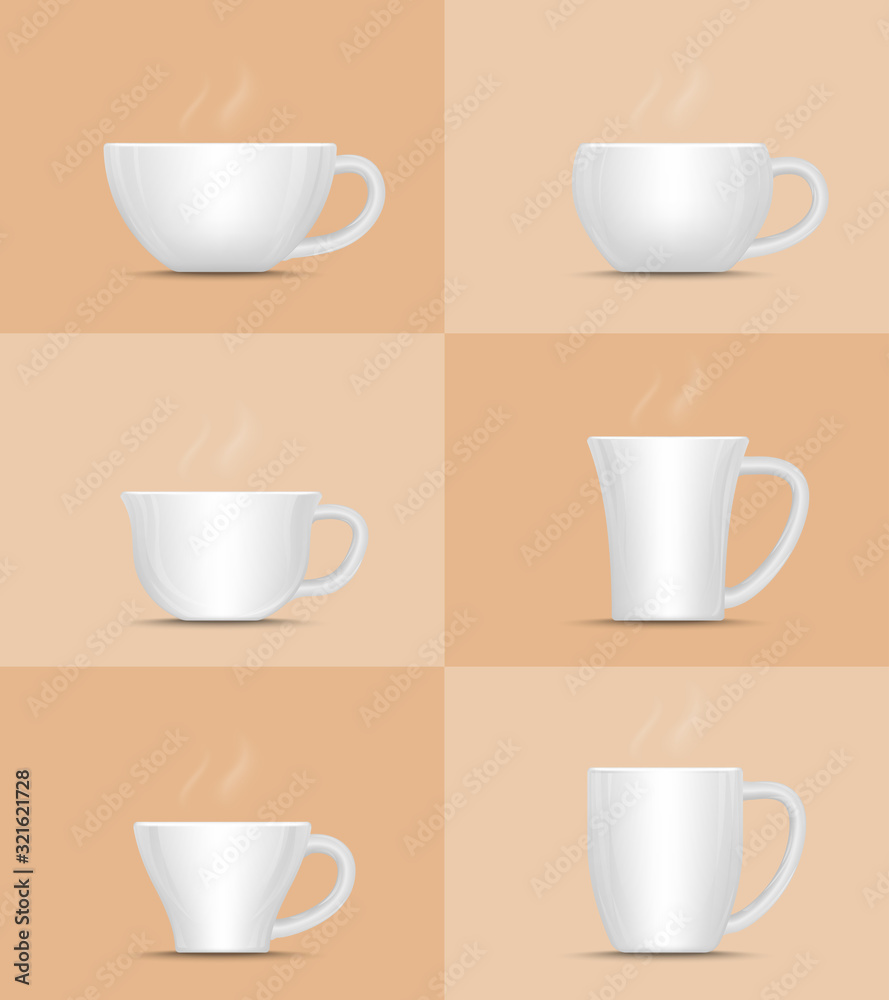 Coffee cup with hot steam. Collection of white ceramic mug. Vector Illustration. Coffee cup with hot steam. Collection of white ceramic mug. Vector Illustration.