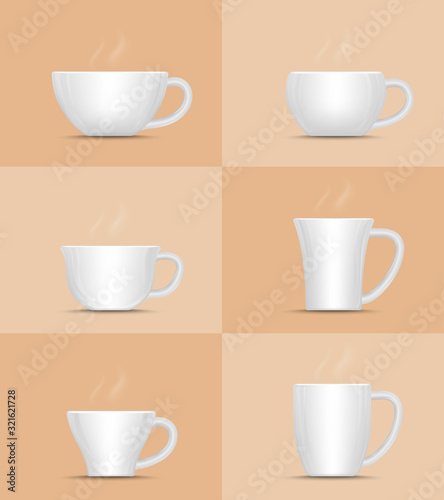 Coffee cup with hot steam. Collection of white ceramic mug. Vector Illustration.