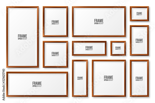 Realistic blank wooden picture frames collection. Modern poster mockup. Empty photo frame with texture of wood. Art gallery. Vector illustration.