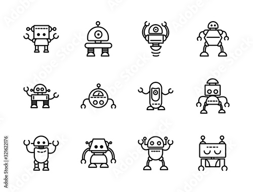 robot technology character artificial machine icons set linear