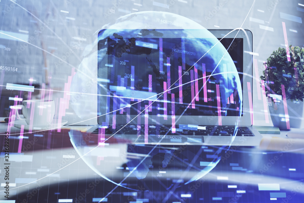 Forex market graph hologram and personal computer on background. Double exposure. Concept of investment. Forex market graph hologram and personal computer on background. Double exposure. Concept of investment.