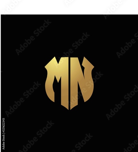 MN logo monogram with gold colors and shield shape design template