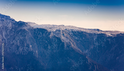 Ceahlau mountain details in winter landscape. Romania