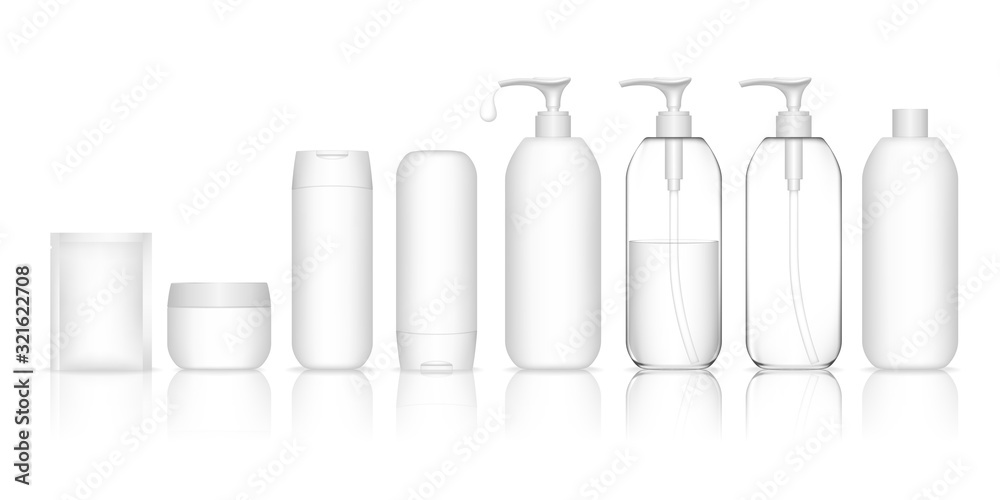 Cosmetic container set for liquid, cream, gel, lotion. Collection of Shampoo Bottles. Beauty product package, vector illustration. Cosmetic container set for liquid, cream, gel, lotion. Collection of Shampoo Bottles. Beauty product package, vector illustration.