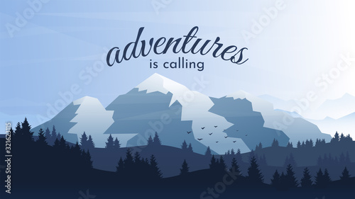 Vector illustration. Minimalist forest and mountain background. Geometric wallpaper. Clear gradient sky. Birds are flying. Realistic natural backdrop. Hills with snow on top. Panoramic landscape