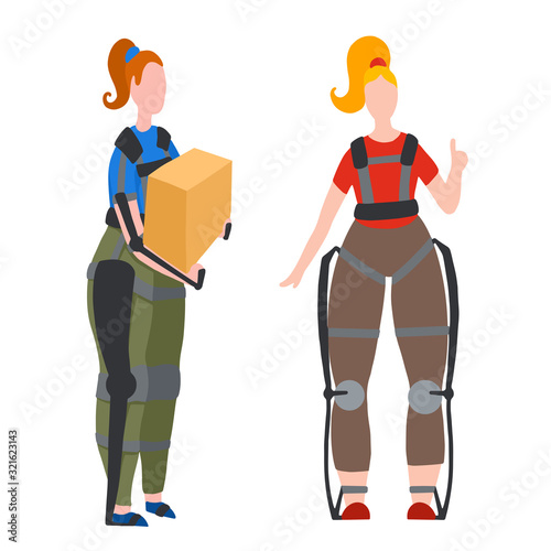 Set of women in exosuit. Help in lifting weights. Medical exoskeleton to help people with disabilities. Innovation in healthcare. Vector image for articles, banners and your design.