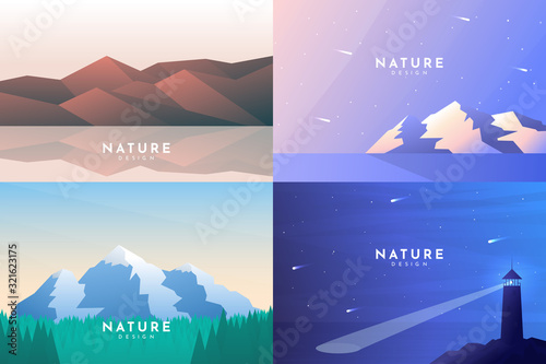 Set of 4 nature backgrounds. Polygonal desert hills, evening sunset or sunrise scene with rocks near water, forest and mountain, lighthouse on stone near water at night. Vector poster, website design