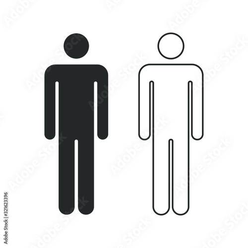 Person avatar icon set. Flat human symbol. Gentleman logo. Toilet and bathroom sign. Black and outline silhouette isolated on white background. Vector illustration image.