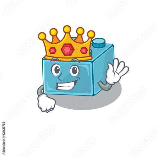 A cartoon mascot design ofbrick toys performed as a King on the stage