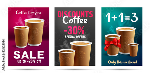Promotion set of posters or flyers template design for cafe with coffee cups illustrations, buy one get three with red ribbon gift bow or discounts