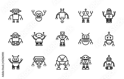 robot technology character artificial machine icons set linear