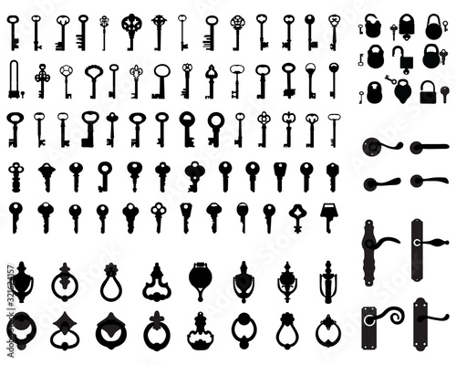Silhouettes of door handle, knocker, latch, keys and padlocks 
