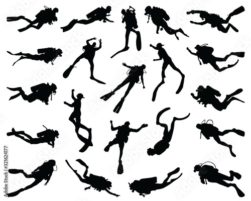 Black silhouettes of divers on a white background