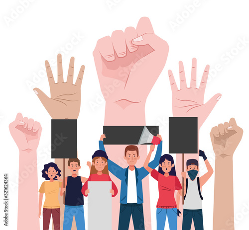 group of protesting people with hands up and megaphone