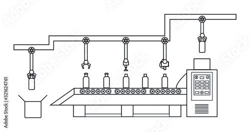 Atomated food production line concept. Conveyor belt production system. Thin line style illustration.