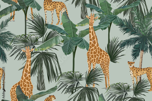 Tropical seamless pattern with palm trees, giraffes and leopards. Summer jungle background. Vintage vector illustration. Rainforest landscape