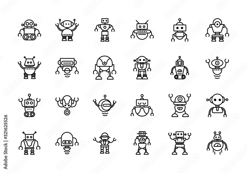 robot technology character artificial machine icons set linear - obrazy, fototapety, plakaty 
