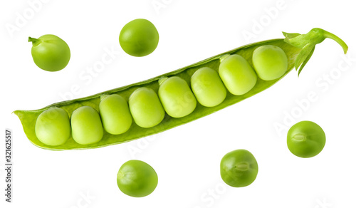 Fotografia Fresh ripe green pea open pod with seeds isolated on white background