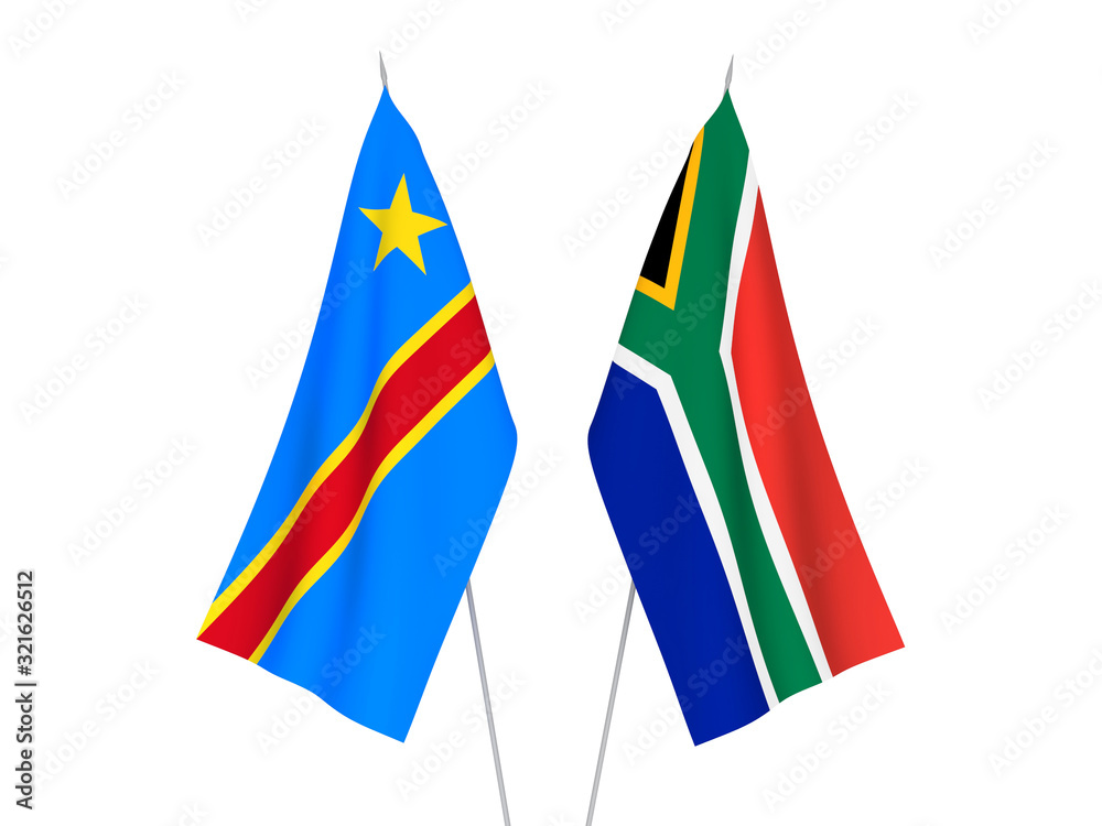 National fabric flags of Republic of South Africa and Democratic Republic of the Congo isolated on white background. 3d rendering illustration.