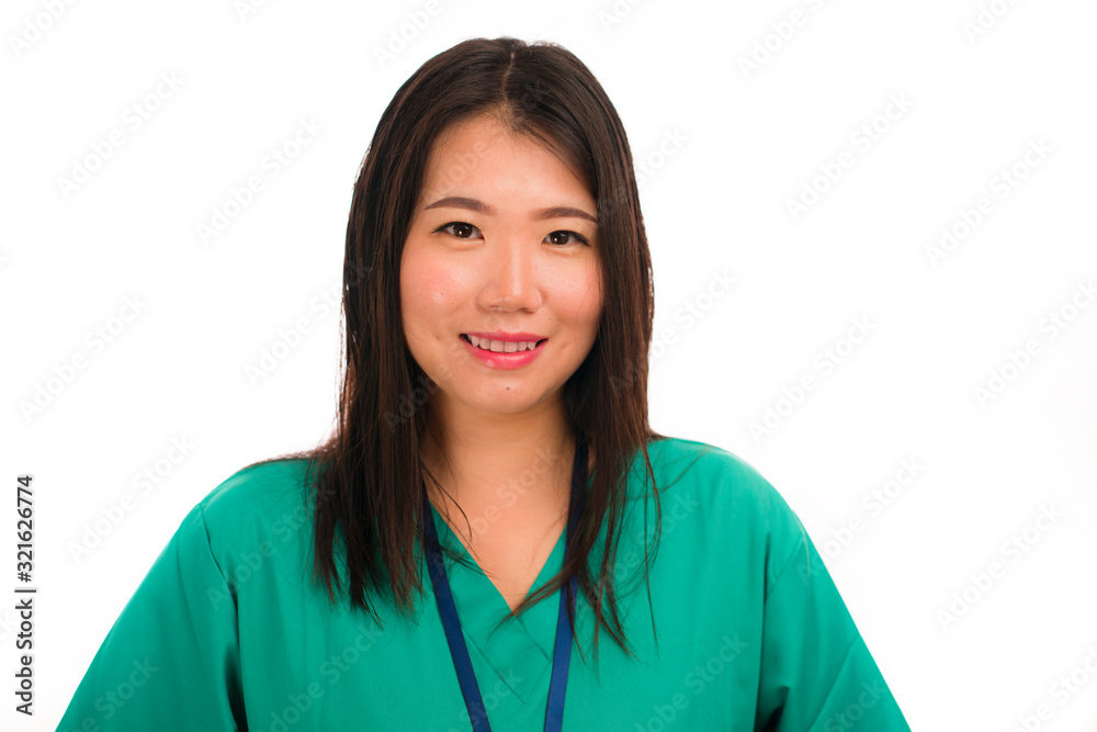 young beautiful and happy Asian Chinese medicine doctor woman or hospital nurse in green scrubs posing cheerful smiling confident in corporate clinic staff portrait young beautiful and happy Asian Chinese medicine doctor woman or hospital nurse in green scrubs posing cheerful smiling confident in corporate clinic staff portrait