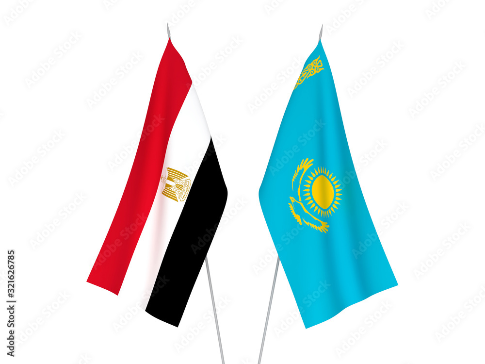 National fabric flags of Kazakhstan and Egypt isolated on white background. 3d rendering illustration.