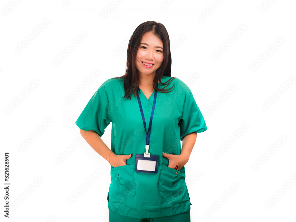 young beautiful and happy Asian Korean medicine doctor woman or hospital nurse in green scrubs posing cheerful smiling confident in corporate clinic staff portrait young beautiful and happy Asian Korean medicine doctor woman or hospital nurse in green scrubs posing cheerful smiling confident in corporate clinic staff portrait