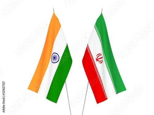 National fabric flags of India and Iran isolated on white background. 3d rendering illustration.
