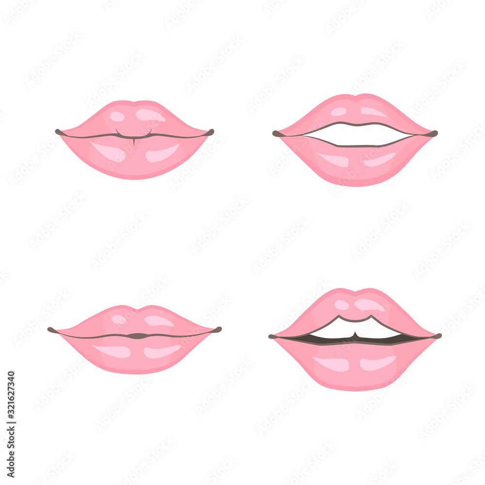 Vector set of four women different beautiful lips. Isolated object on white background. Color image. Vector set of four women different beautiful lips. Isolated object on white background. Color image.