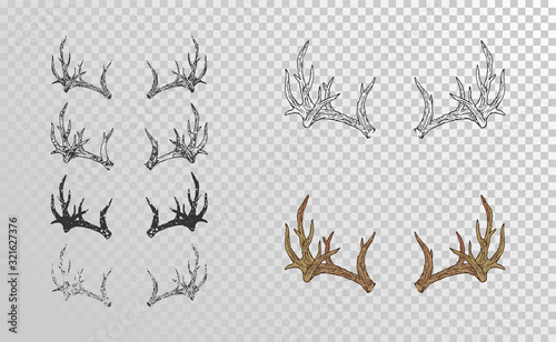 Vector set of hand drawn horns deer with grunge elements in different versions on a transparent background. Monochrome and color variation. 