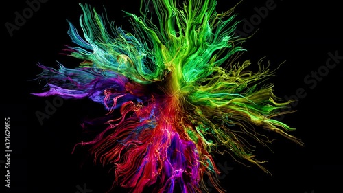 Colorful abstract particles growth, curvy shapes, on black background with alpha mask