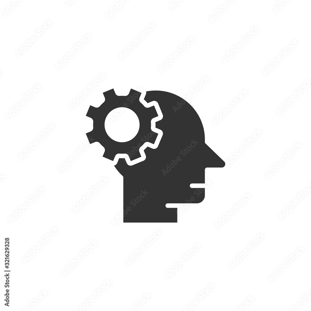 Human head with cogwheel icon in flat style. Technology progress vector illustration on white isolated background. Face and gear business concept. Human head with cogwheel icon in flat style. Technology progress vector illustration on white isolated background. Face and gear business concept.