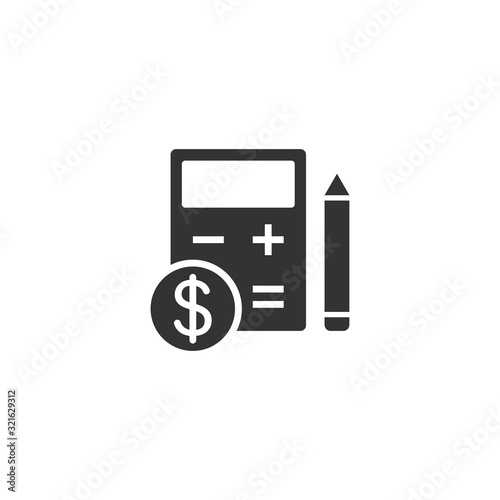 Tax payment icon in flat style. Budget invoice vector illustration on white isolated background. Calculator with dollar coin and pencil business concept.