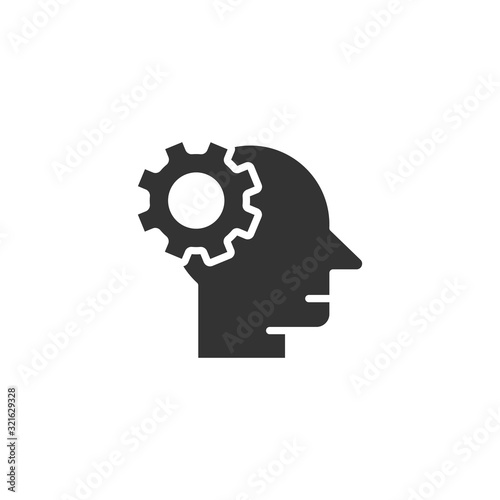 Human head with cogwheel icon in flat style. Technology progress vector illustration on white isolated background. Face and gear business concept.