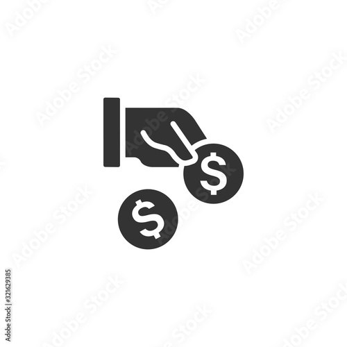 Remuneration icon in flat style. Money in hand vector illustration on white isolated background. Coin payroll business concept.